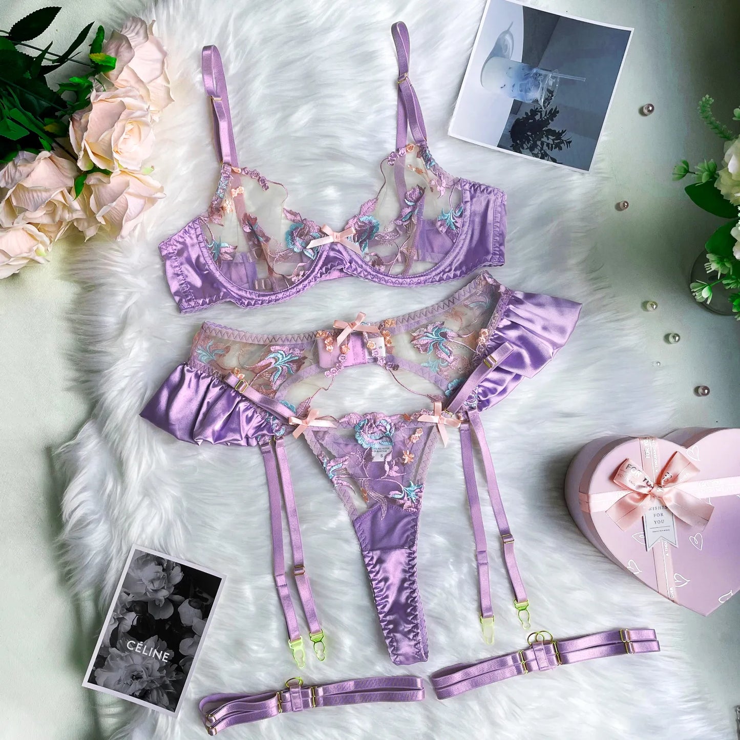 Ellolace Ruffle Erotic Lingerie Floral Intimate Set Transparent Lace Sexy Fantasy Underwear Luxury Attractive Pushup Bra Outfits