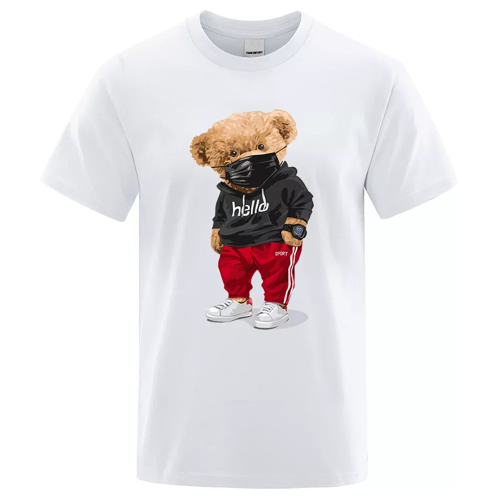 100% Cotton Sports Mask Bear Print Short-Sleeved T-Shirt Male Half-Sleeved Summer Casual Oversized T-Shirt Men Shirt S-Xxxl