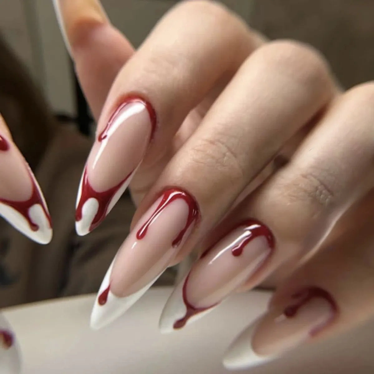 Long Almond Fake Nails Detachable French Ballet Halloween False Nails Nail Art Full Cover Nail Tips Press on Nails 24pcs
