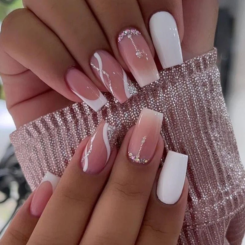 24Pcs Press on Nails Wearable Fake Nails Pink Gradient Glitter Butterfly Rhinestones False Nail Full Cover Acrylic Nail Tips