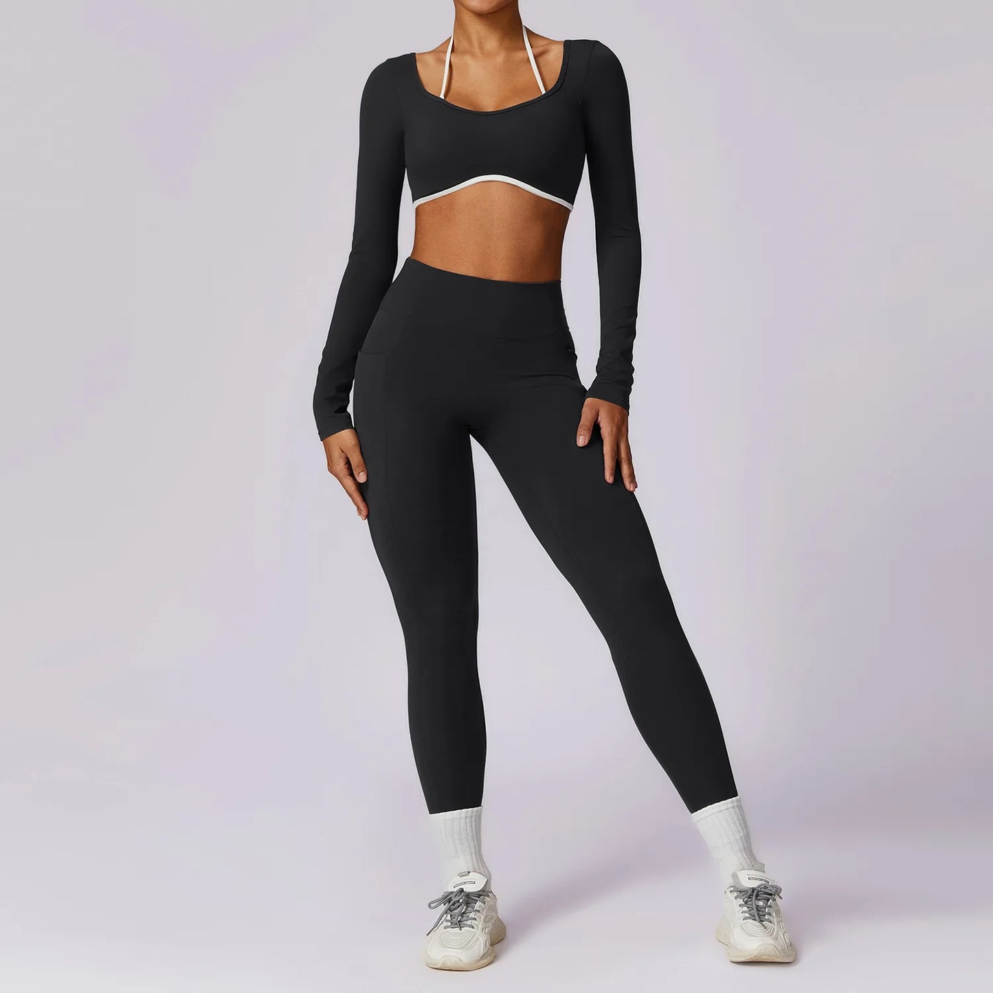 2PCS Women Tracksuit Yoga Set Sport Suit Gymwear Workout Clothes Long Sleeve Gym Bra High Waist Leggings Fitness Sports Wear