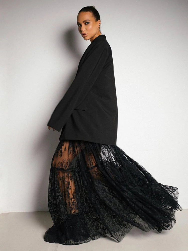 Mueyeruho 2024 Spring Summer Women Sexy Maxi Lace Skirts Solid High Waist Flare Long Skirt for Women