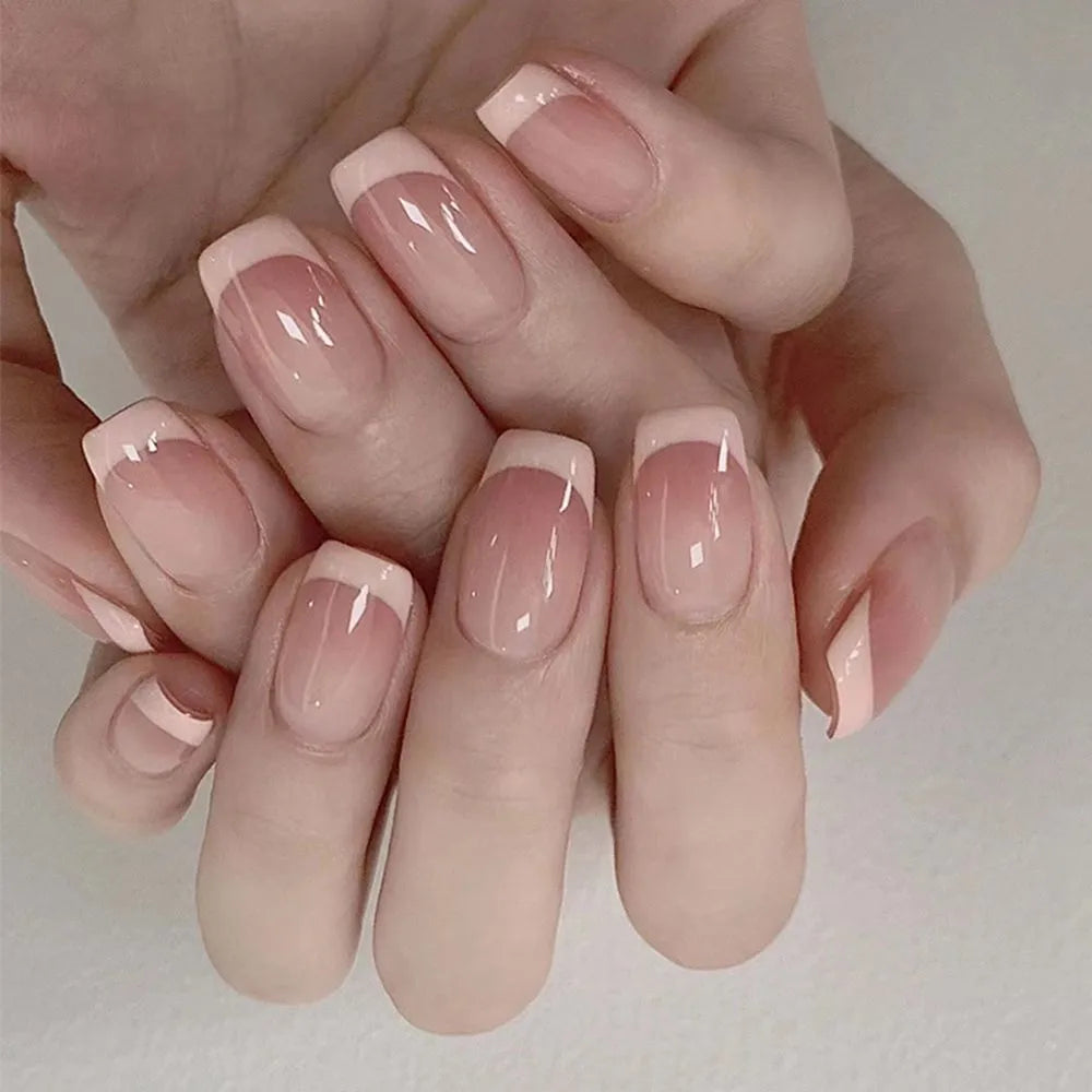 24pcs False Nail Full Cover Fake Nail Elegant Pink Gradient Glitter French Short Nails Coffin Short False Nail Press on Nails