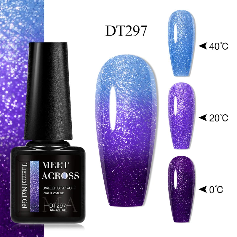 MEET ACROSS 7ml Auroras Thermal Gel Nail Polish Gold Glitter Gradient Color Changing Gel Semi Permanent Nail Art UV Gel Varnish