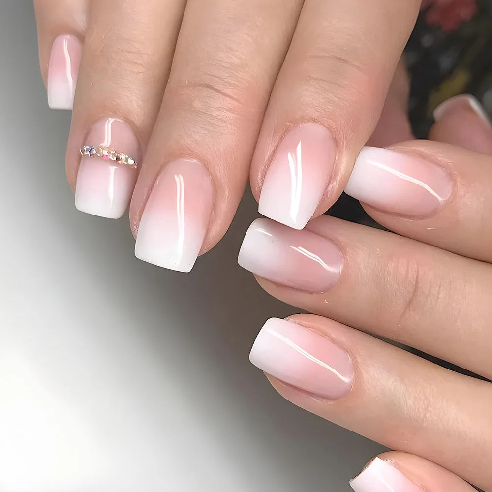 24pcs False Nail Full Cover Fake Nail Elegant Pink Gradient Glitter French Short Nails Coffin Short False Nail Press on Nails