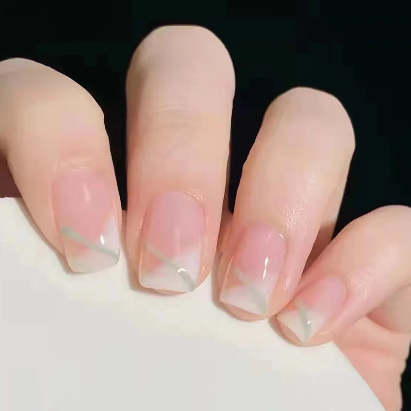 24pcs False Nail Full Cover Fake Nail Elegant Pink Gradient Glitter French Short Nails Coffin Short False Nail Press on Nails