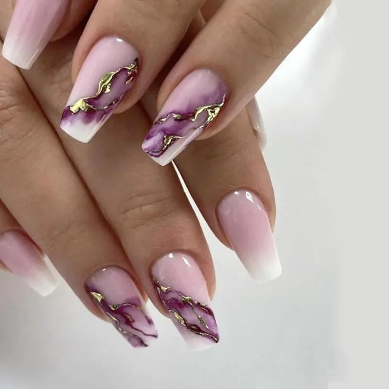 24Pcs Press on Nails Wearable Fake Nails Pink Gradient Glitter Butterfly Rhinestones False Nail Full Cover Acrylic Nail Tips