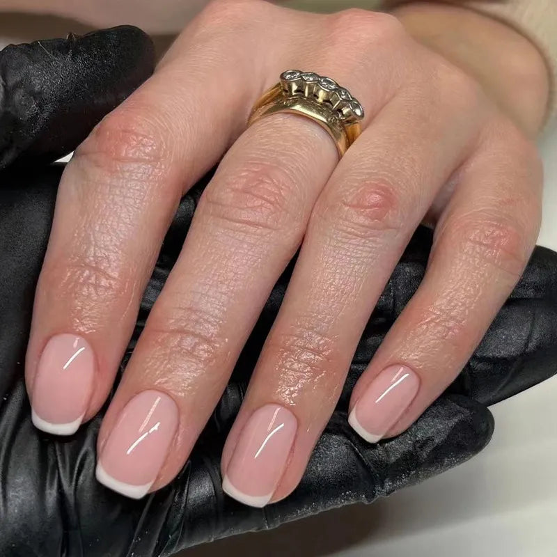 24pcs False Nail Full Cover Fake Nail Elegant Pink Gradient Glitter French Short Nails Coffin Short False Nail Press on Nails