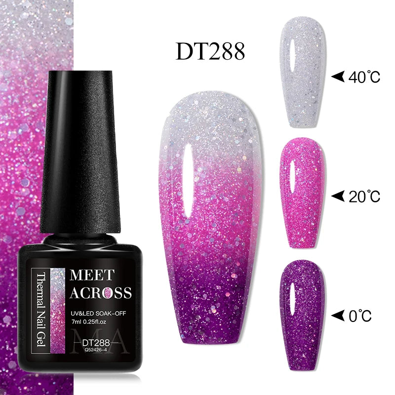 MEET ACROSS 7ml Auroras Thermal Gel Nail Polish Gold Glitter Gradient Color Changing Gel Semi Permanent Nail Art UV Gel Varnish