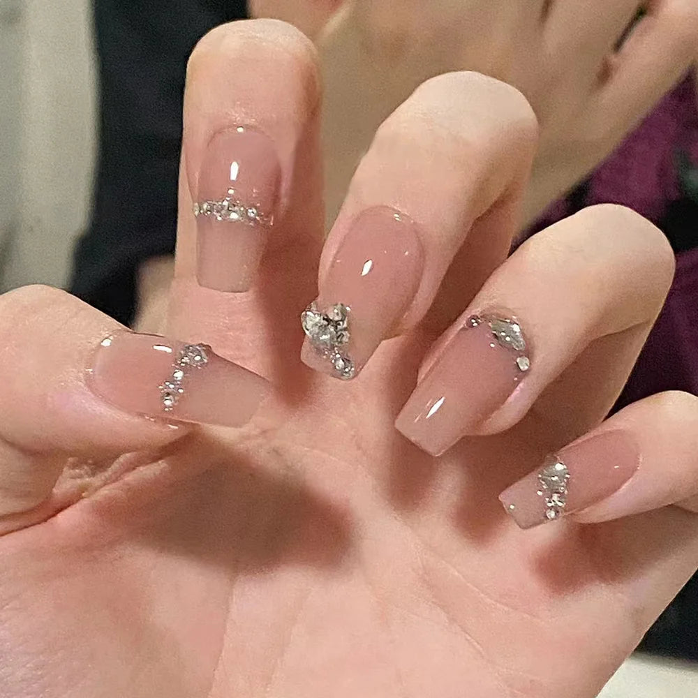 24Pcs Press on Nails Wearable Fake Nails Pink Gradient Glitter Butterfly Rhinestones False Nail Full Cover Acrylic Nail Tips