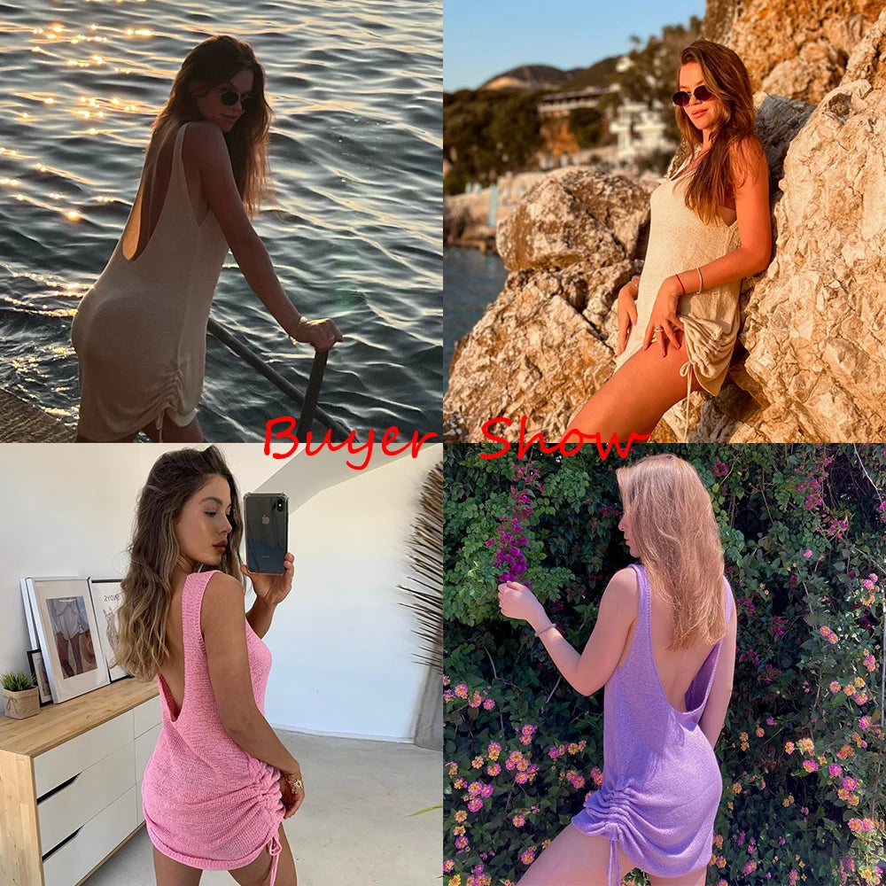 2024 New White Crochet Tunic Sexy See Through Hollow Out Mesh Dress Women Sexy BeachWear Solid Bikini Beach Cover Up