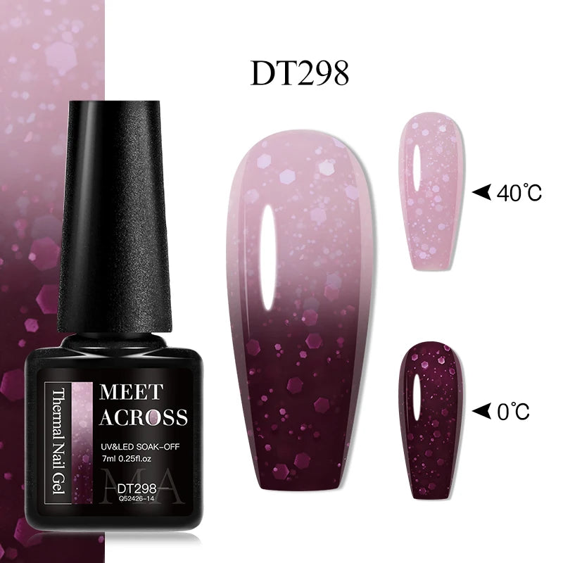 MEET ACROSS 7ml Auroras Thermal Gel Nail Polish Gold Glitter Gradient Color Changing Gel Semi Permanent Nail Art UV Gel Varnish