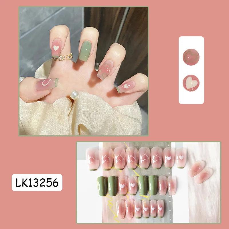 24PcsSet Wearable Press on Nail Art Full Cover Manicure Ballet Cute Nails False Removable Fake Nails With Glue Short Square Head