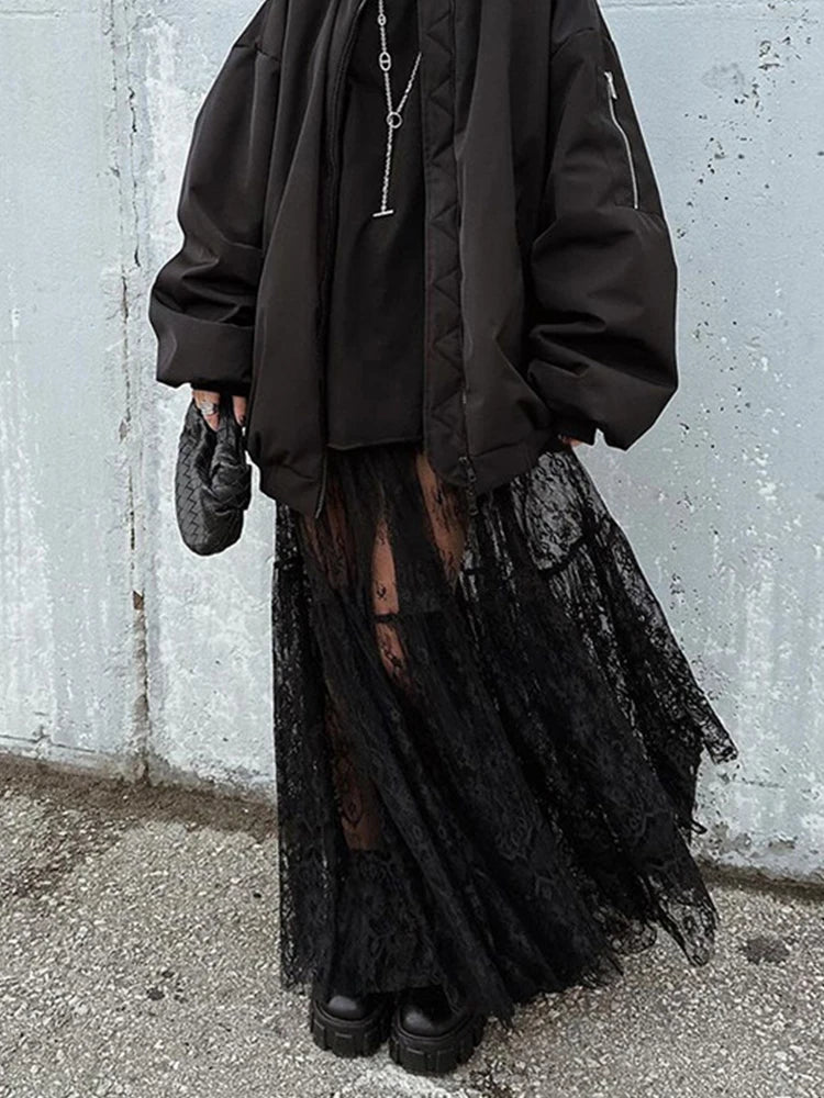 Mueyeruho 2024 Spring Summer Women Sexy Maxi Lace Skirts Solid High Waist Flare Long Skirt for Women
