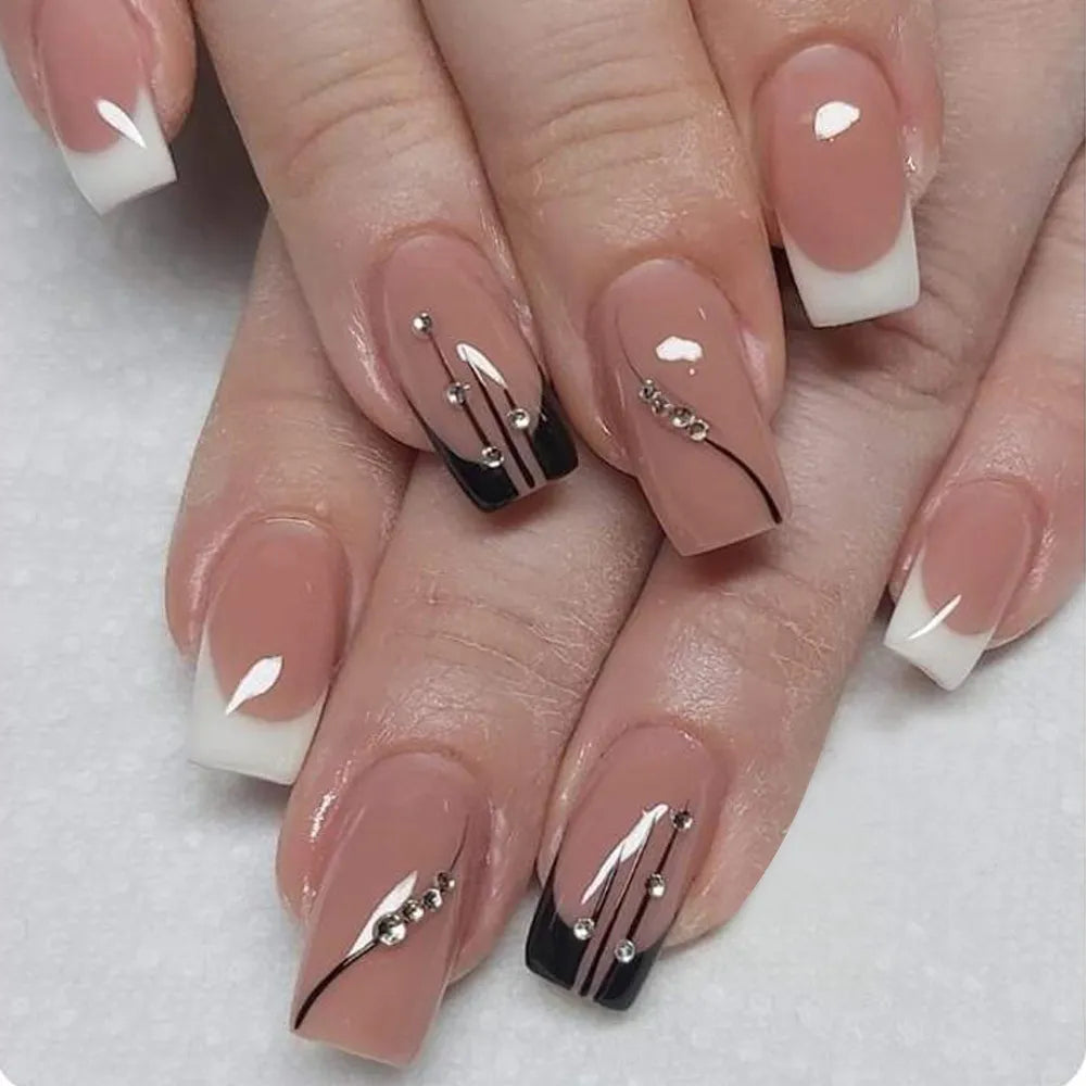 24pcs False Nail Full Cover Fake Nail Elegant Pink Gradient Glitter French Short Nails Coffin Short False Nail Press on Nails