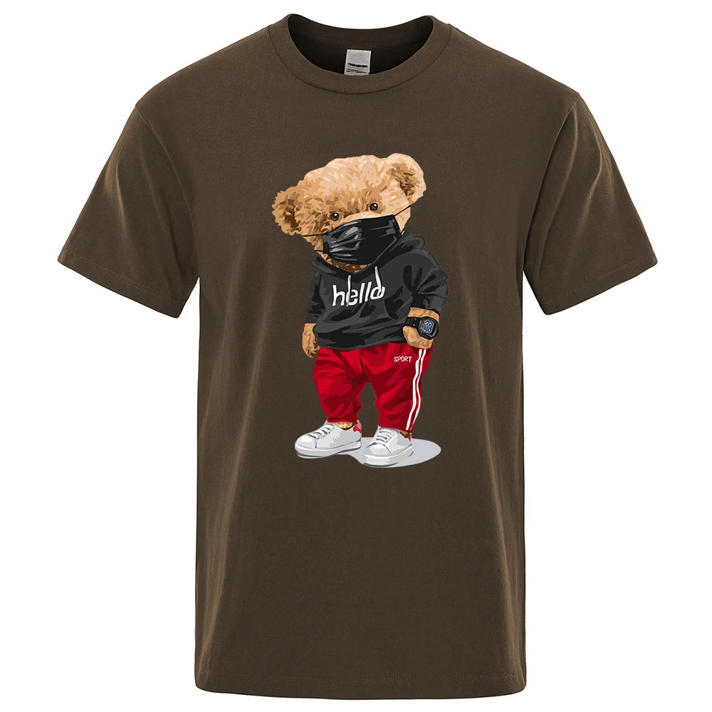 100% Cotton Sports Mask Bear Print Short-Sleeved T-Shirt Male Half-Sleeved Summer Casual Oversized T-Shirt Men Shirt S-Xxxl