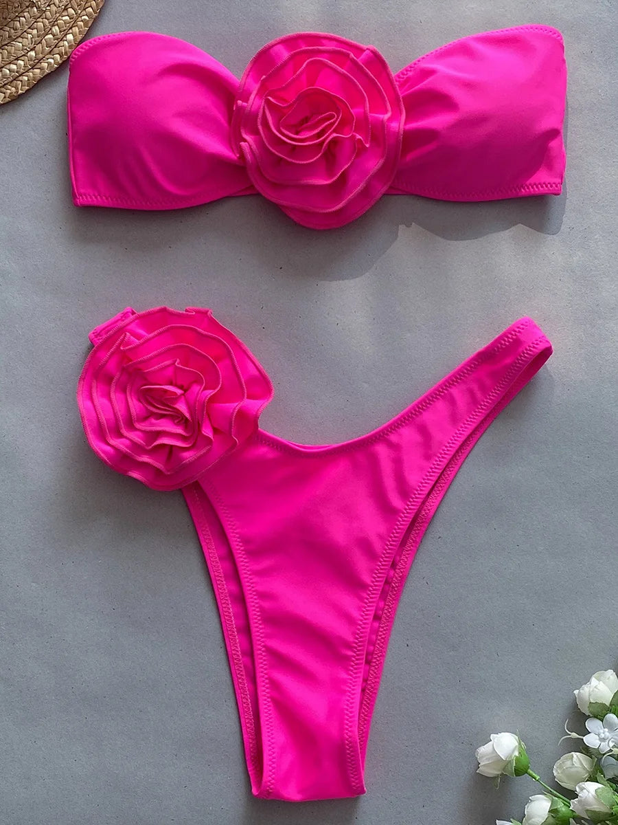 3D Flowers Brazilian Strapless Bandeau Bikini Female Swimsuit Women Swimwear Two-Pieces Bikini Set High Cut Bathing Suit Swim