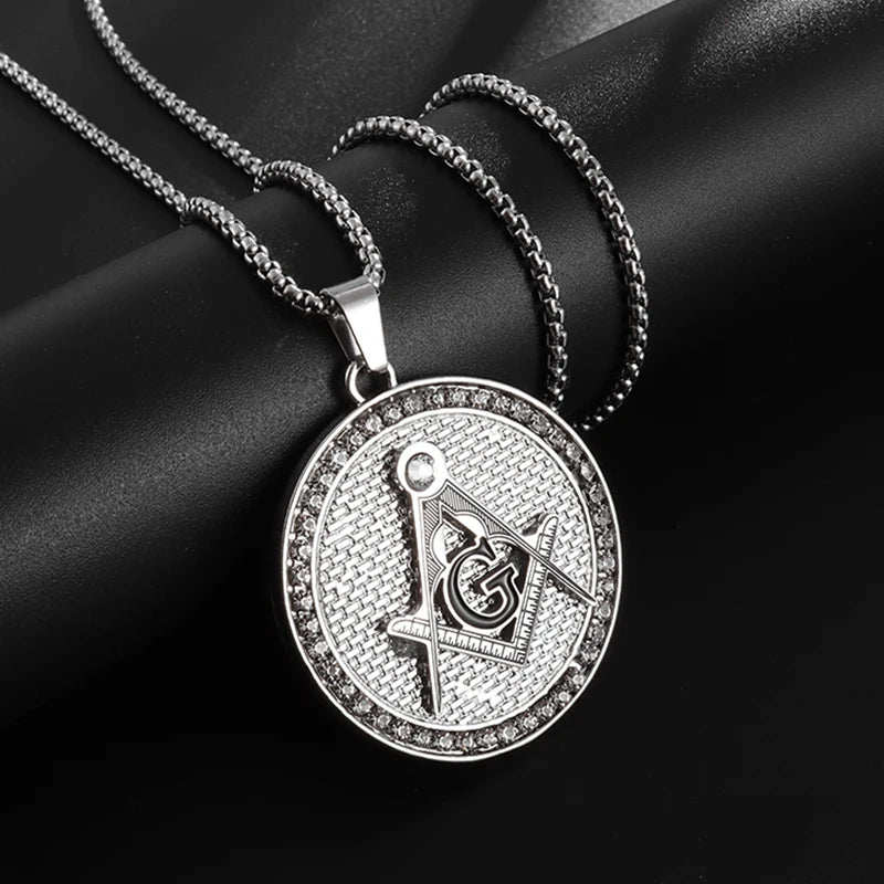 Men\'s Classic Punk Gold Plated Freemason Round Medal Pendant Necklace Hip Hop Style Rock Party Jewelry