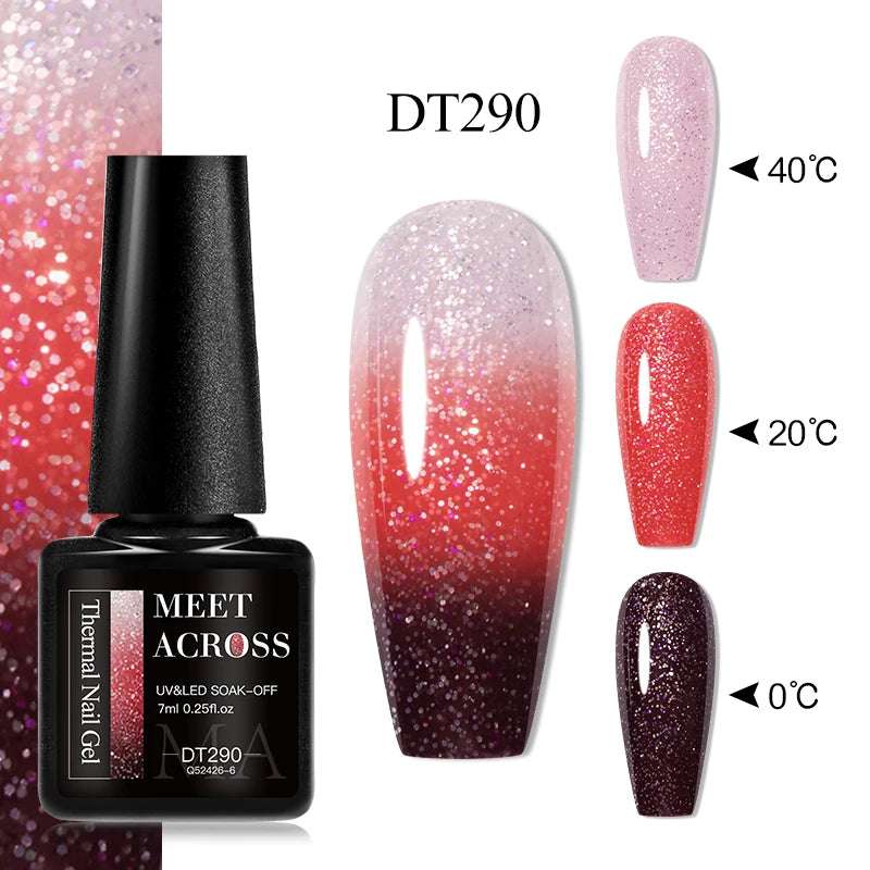 MEET ACROSS 7ml Auroras Thermal Gel Nail Polish Gold Glitter Gradient Color Changing Gel Semi Permanent Nail Art UV Gel Varnish
