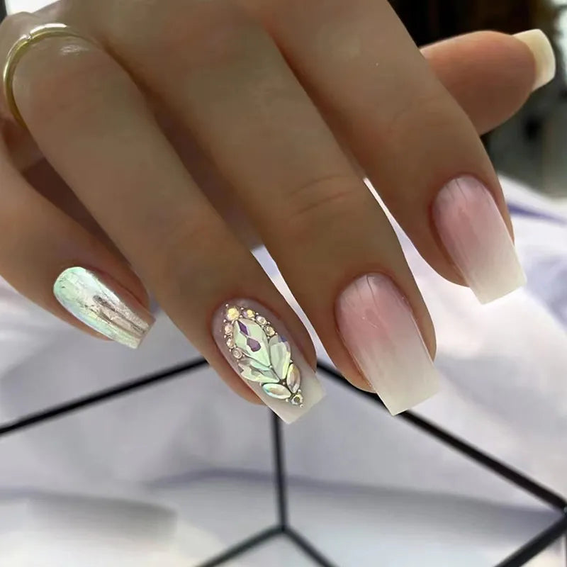24Pcs Press on Nails Wearable Fake Nails Pink Gradient Glitter Butterfly Rhinestones False Nail Full Cover Acrylic Nail Tips