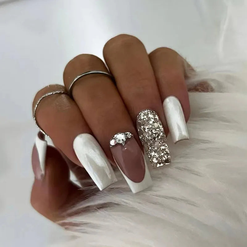 24Pcs Press on Nails Wearable Fake Nails Pink Gradient Glitter Butterfly Rhinestones False Nail Full Cover Acrylic Nail Tips