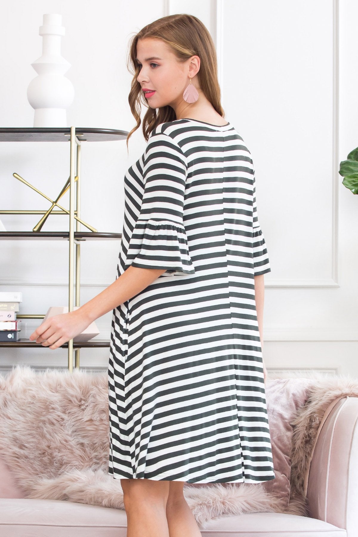 Striped Bell Sleeved Swing Pocket Dress