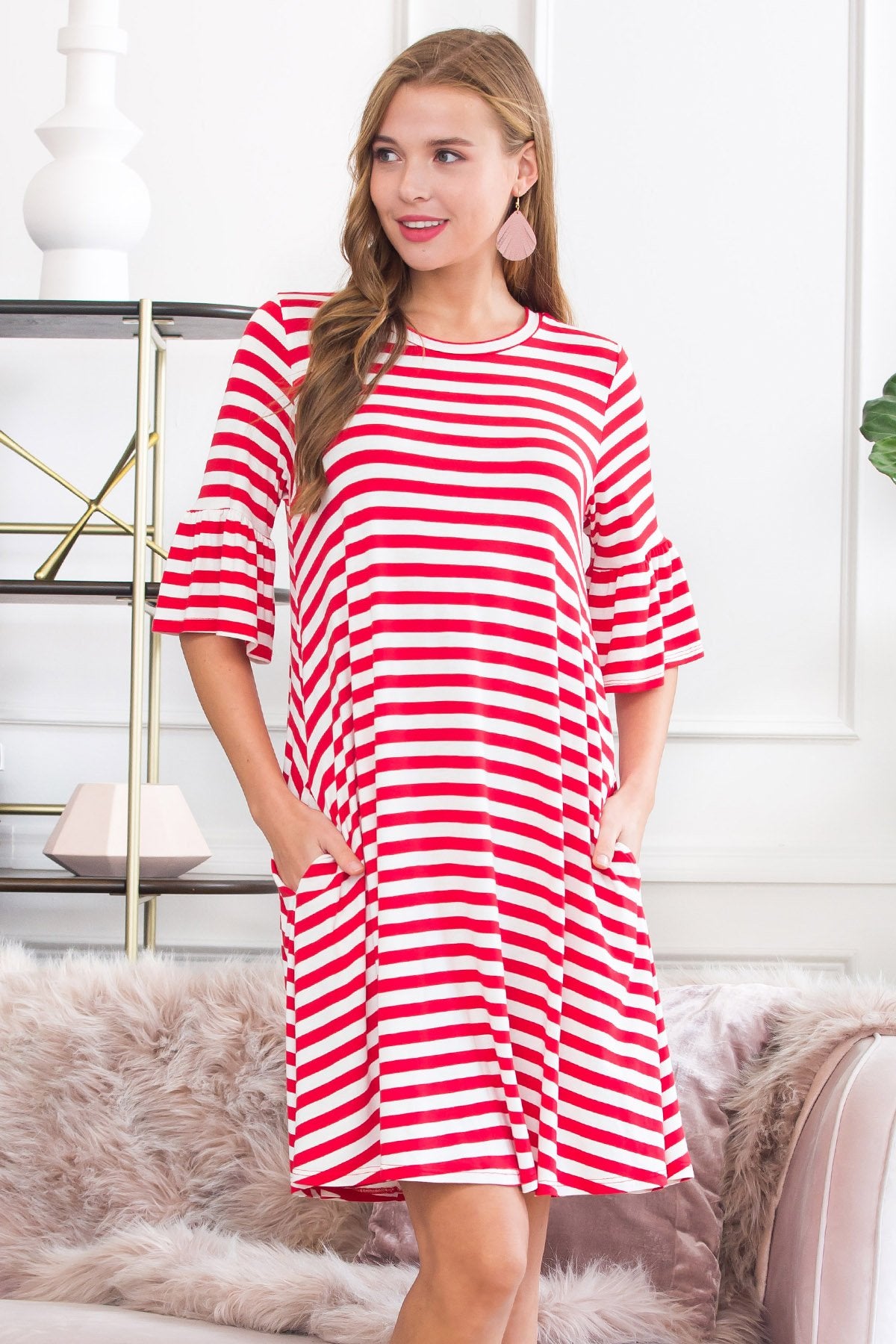 Striped Bell Sleeved Swing Pocket Dress