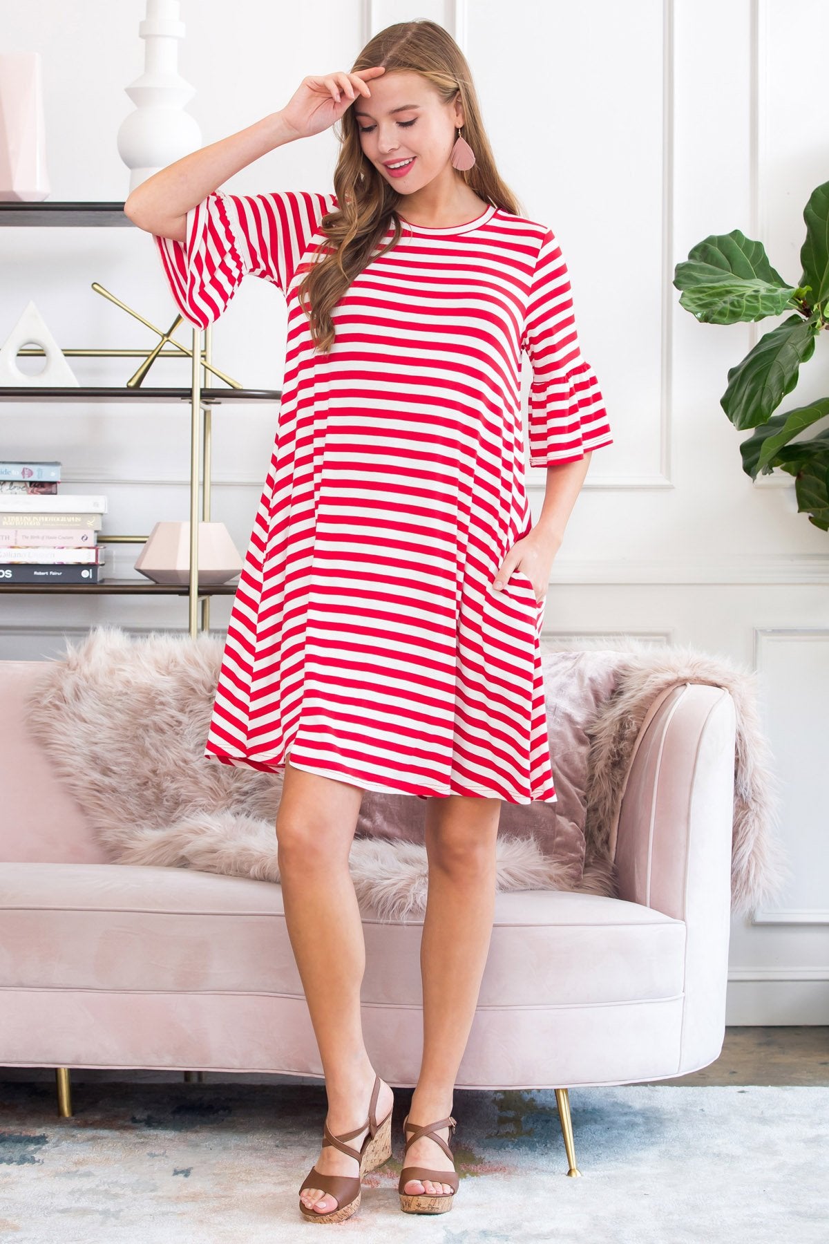 Striped Bell Sleeved Swing Pocket Dress