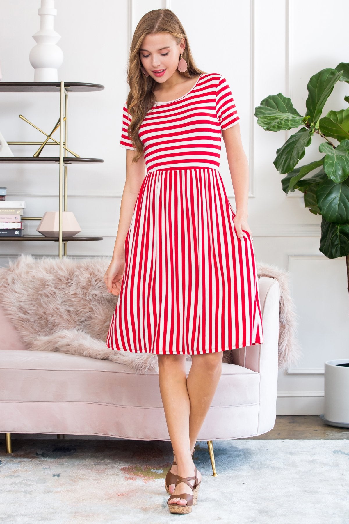 Short Sleeved Empire Waist Striped Pocket Dress