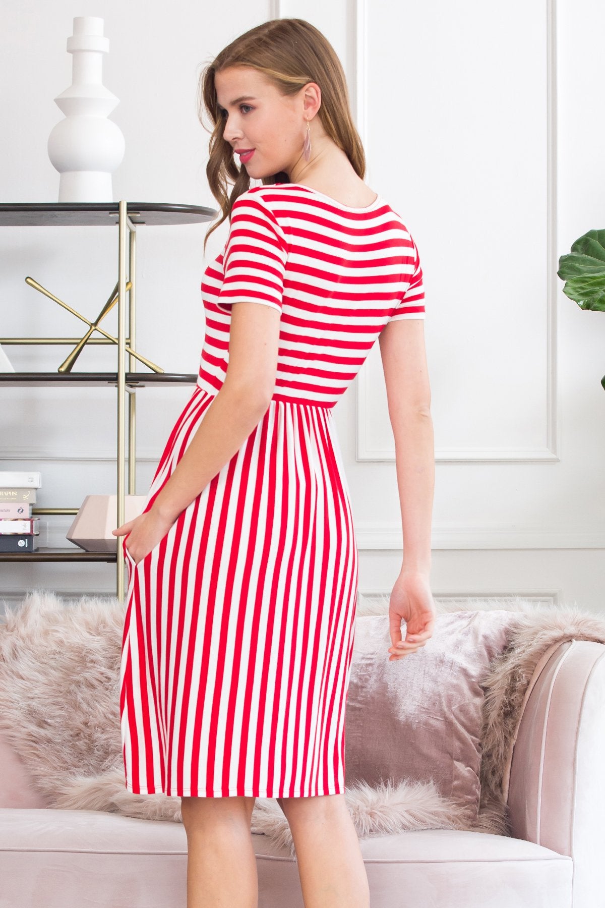 Short Sleeved Empire Waist Striped Pocket Dress