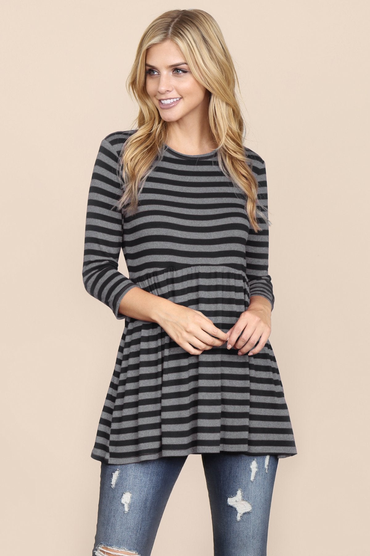 Quarter Sleeve Babydoll Striped Tunic