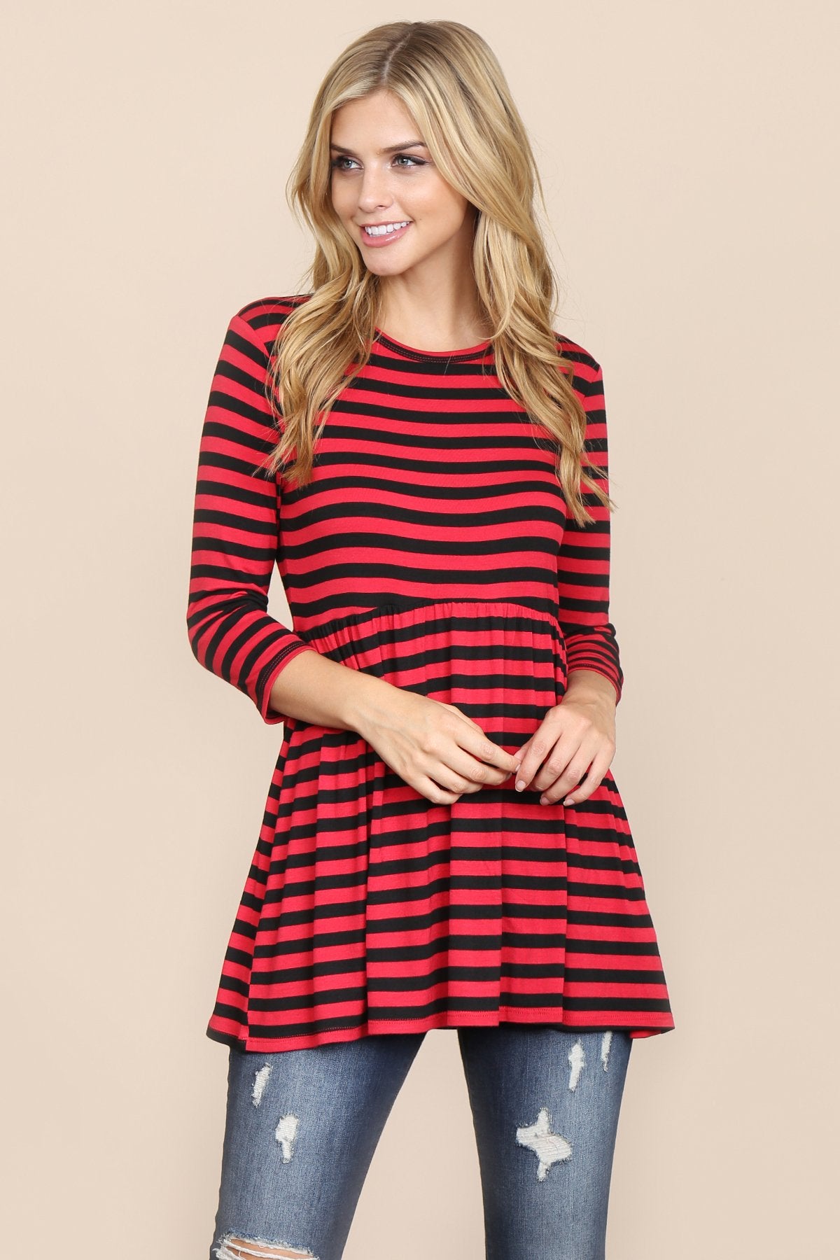 Quarter Sleeve Babydoll Striped Tunic