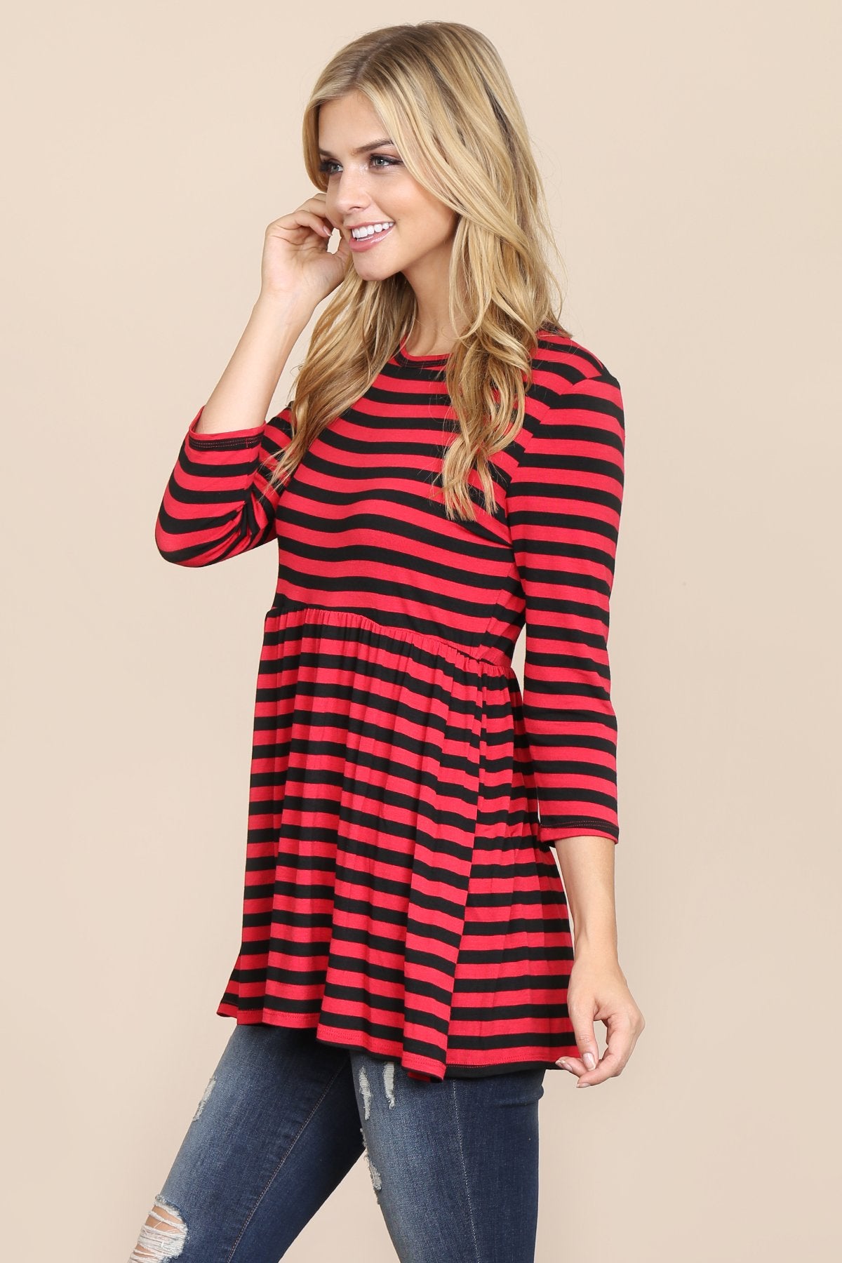 Quarter Sleeve Babydoll Striped Tunic