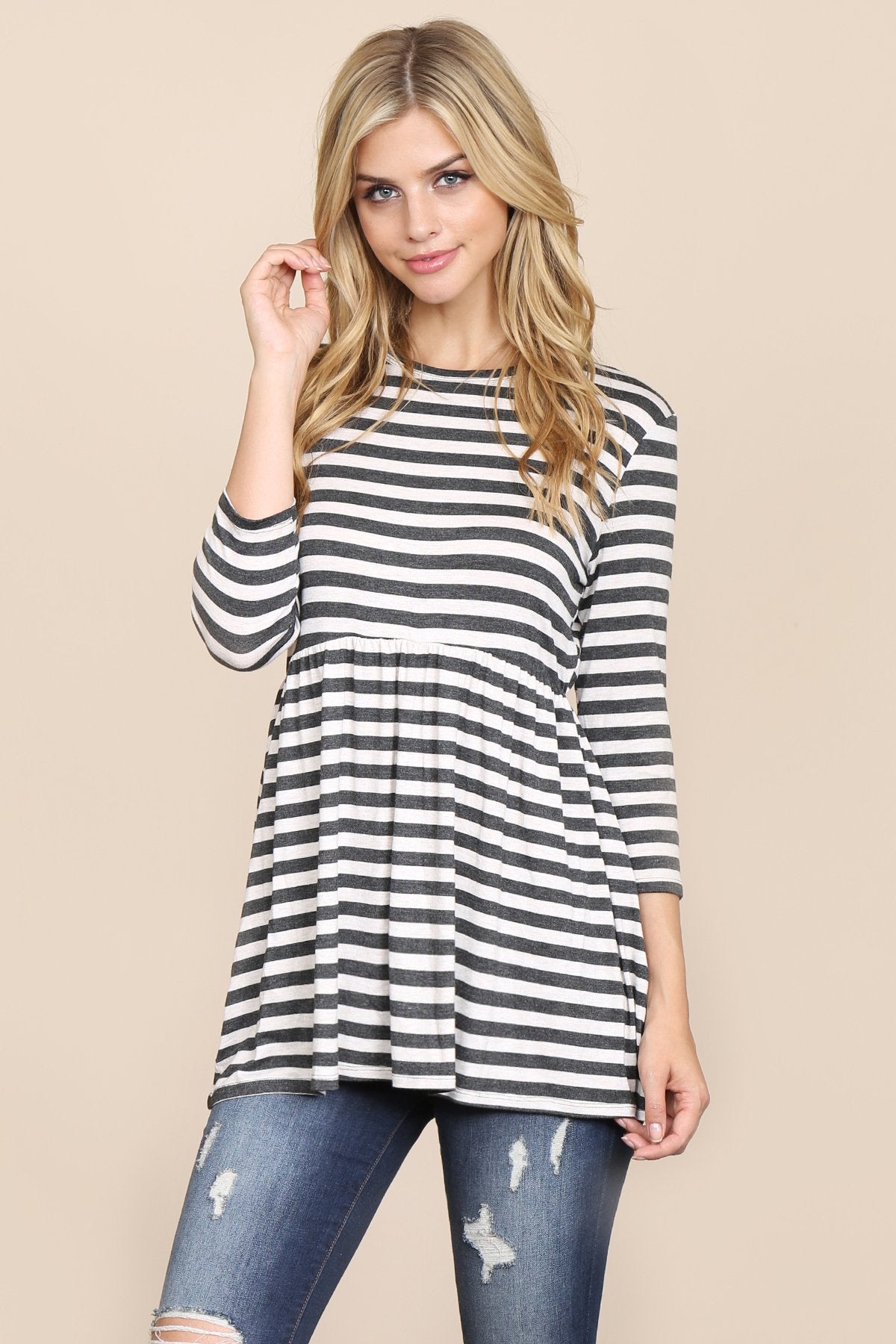 Quarter Sleeve Babydoll Striped Tunic