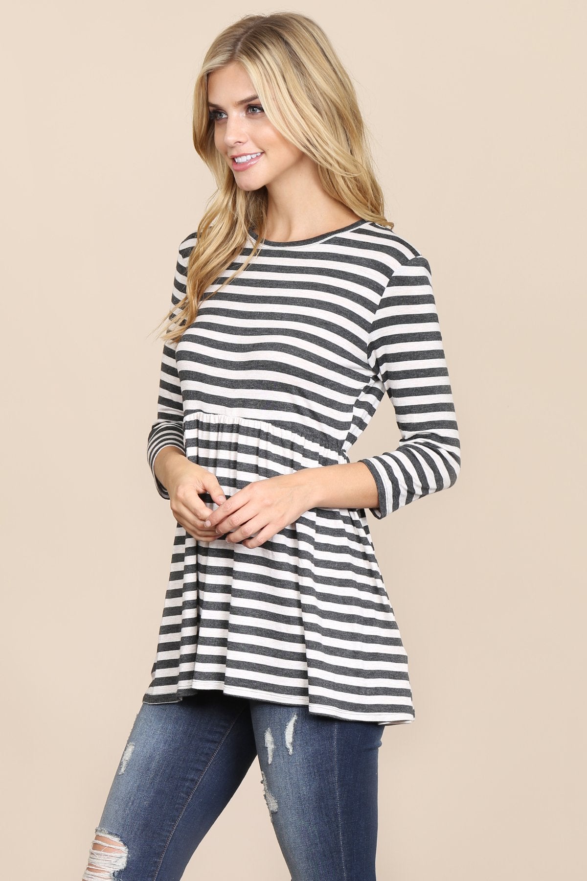 Quarter Sleeve Babydoll Striped Tunic