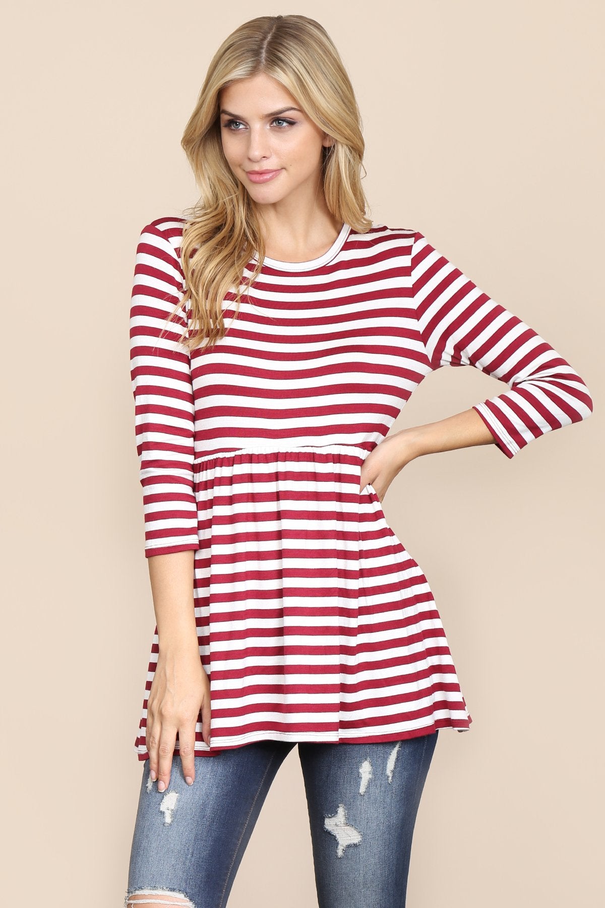 Quarter Sleeve Babydoll Striped Tunic