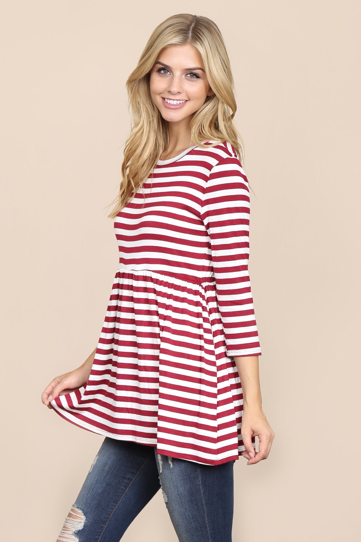 Quarter Sleeve Babydoll Striped Tunic
