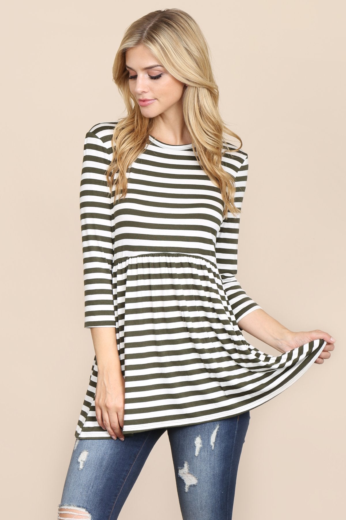 Quarter Sleeve Babydoll Striped Tunic