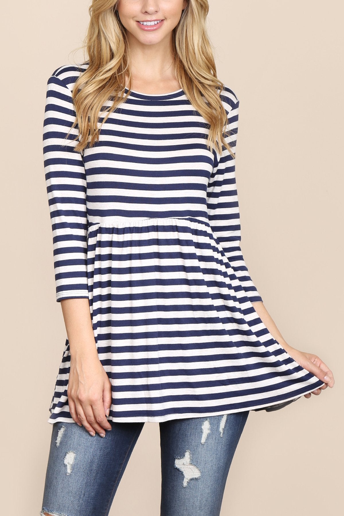 Quarter Sleeve Babydoll Striped Tunic