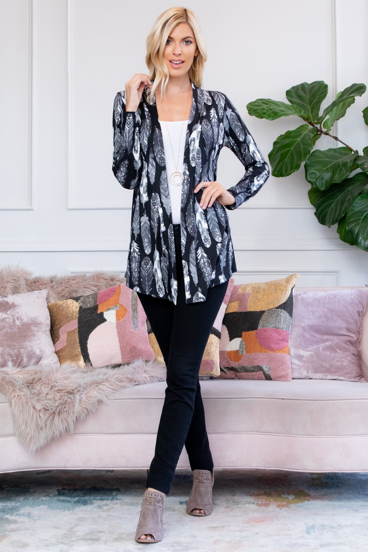 Feather Print Open Cardigan