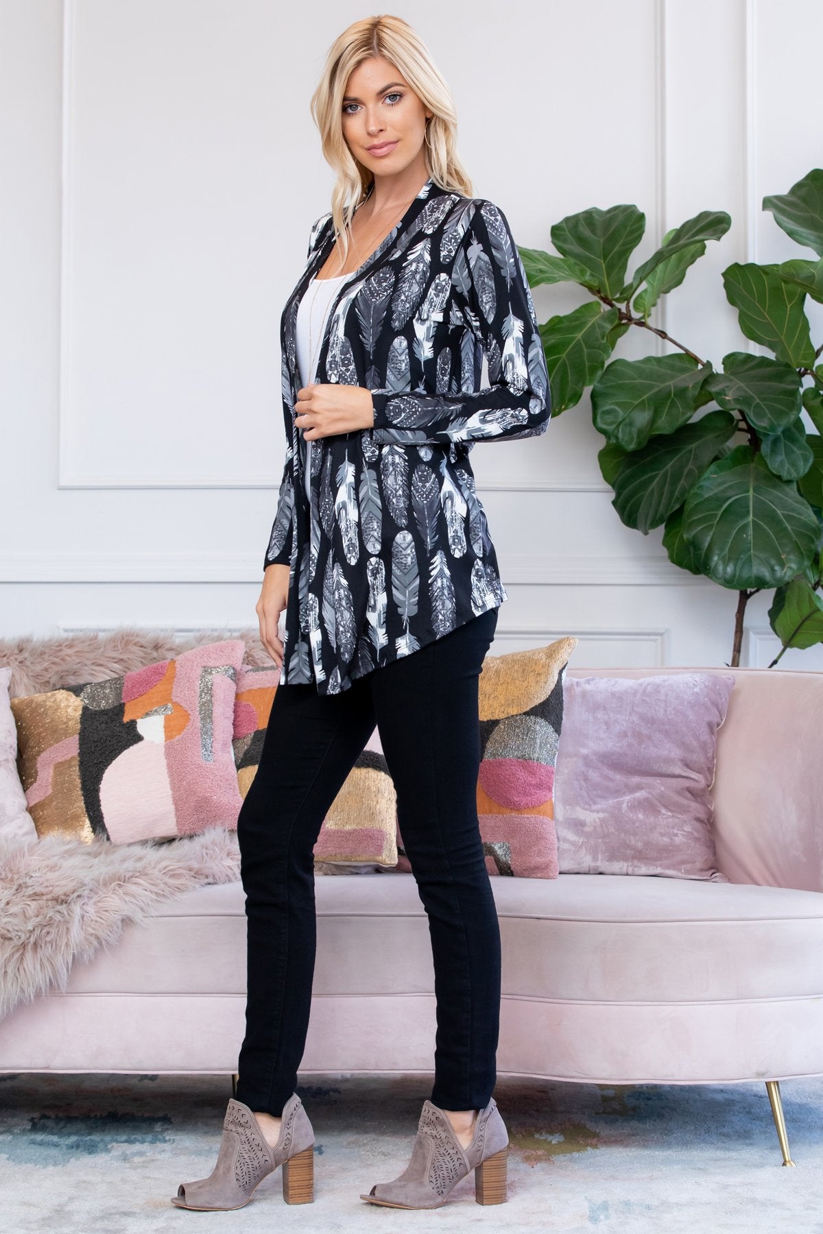 Feather Print Open Cardigan