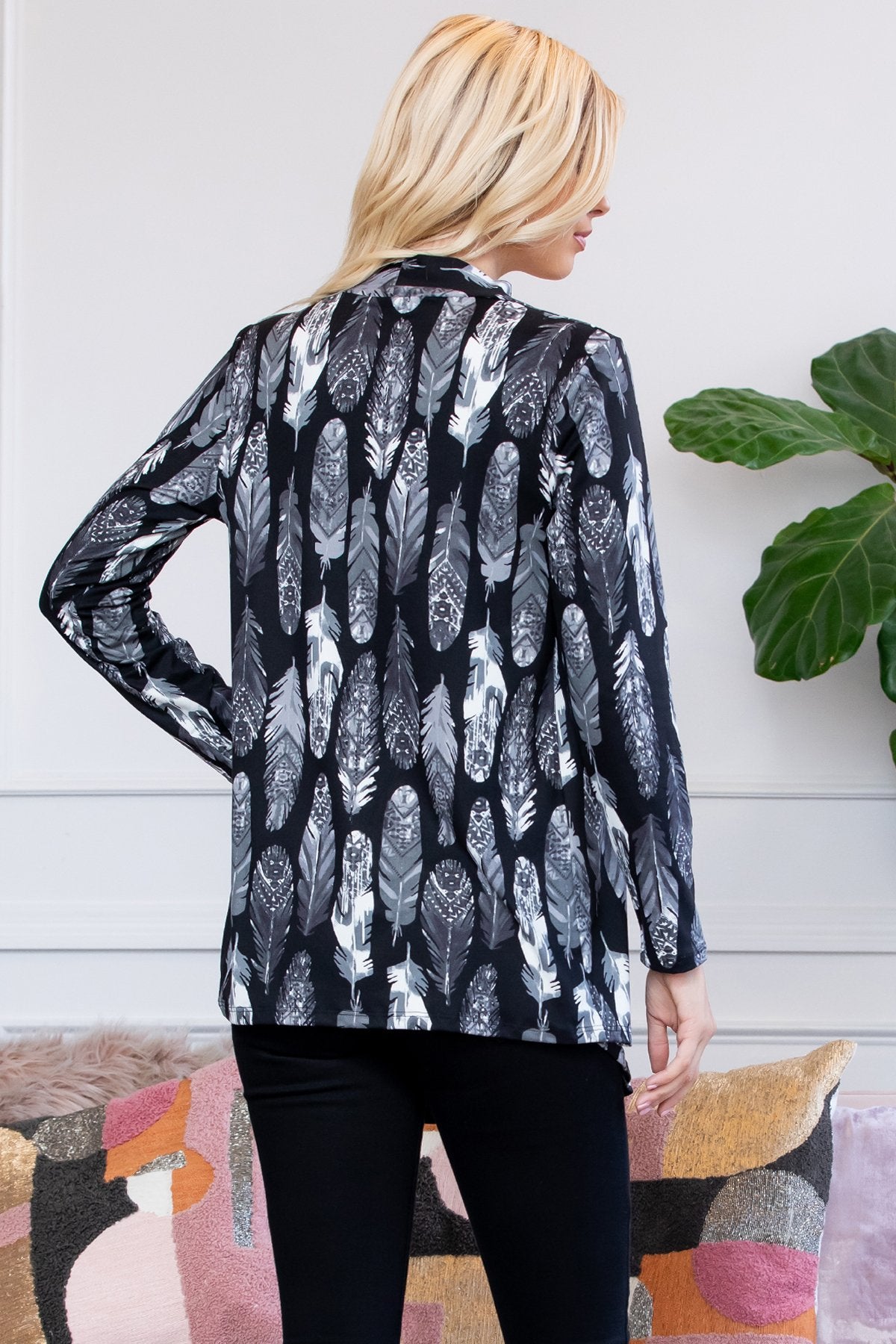Feather Print Open Cardigan