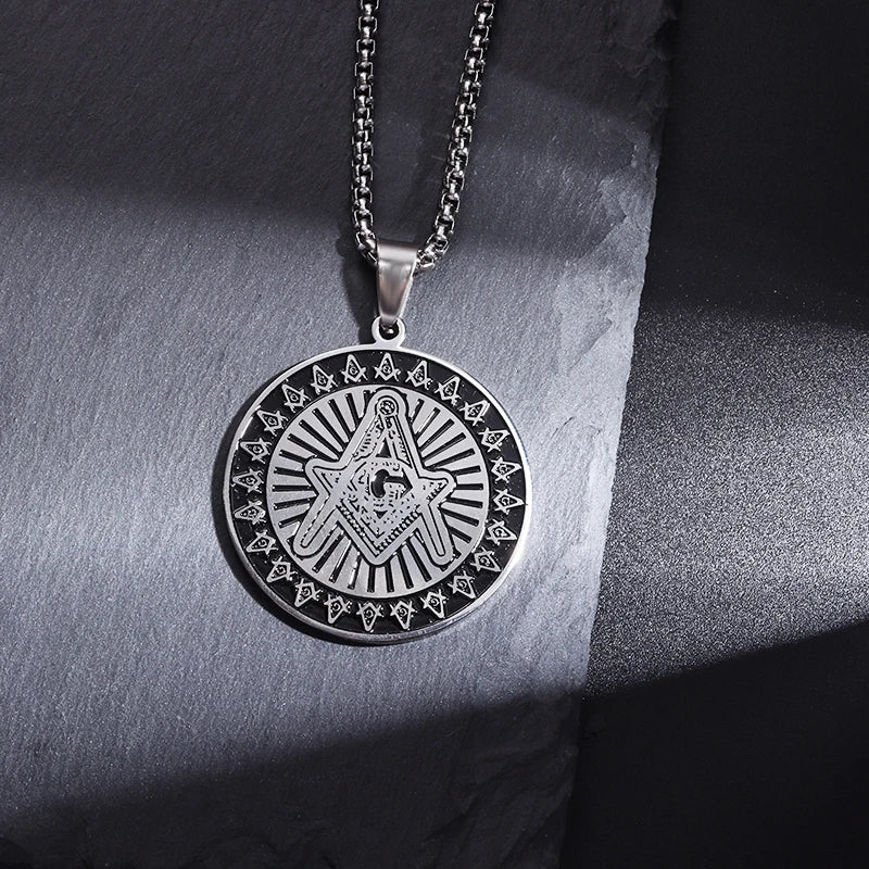 Men\'s Classic Punk Gold Plated Freemason Round Medal Pendant Necklace Hip Hop Style Rock Party Jewelry