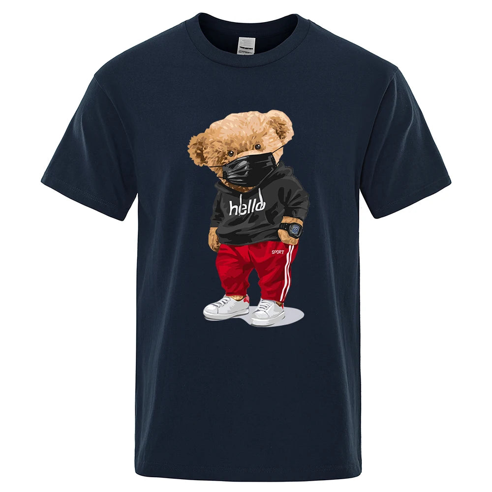 100% Cotton Sports Mask Bear Print Short-Sleeved T-Shirt Male Half-Sleeved Summer Casual Oversized T-Shirt Men Shirt S-Xxxl