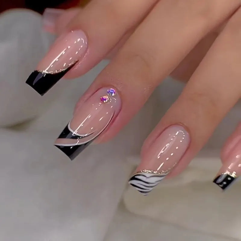 24Pcs Press on Nails Wearable Fake Nails Pink Gradient Glitter Butterfly Rhinestones False Nail Full Cover Acrylic Nail Tips