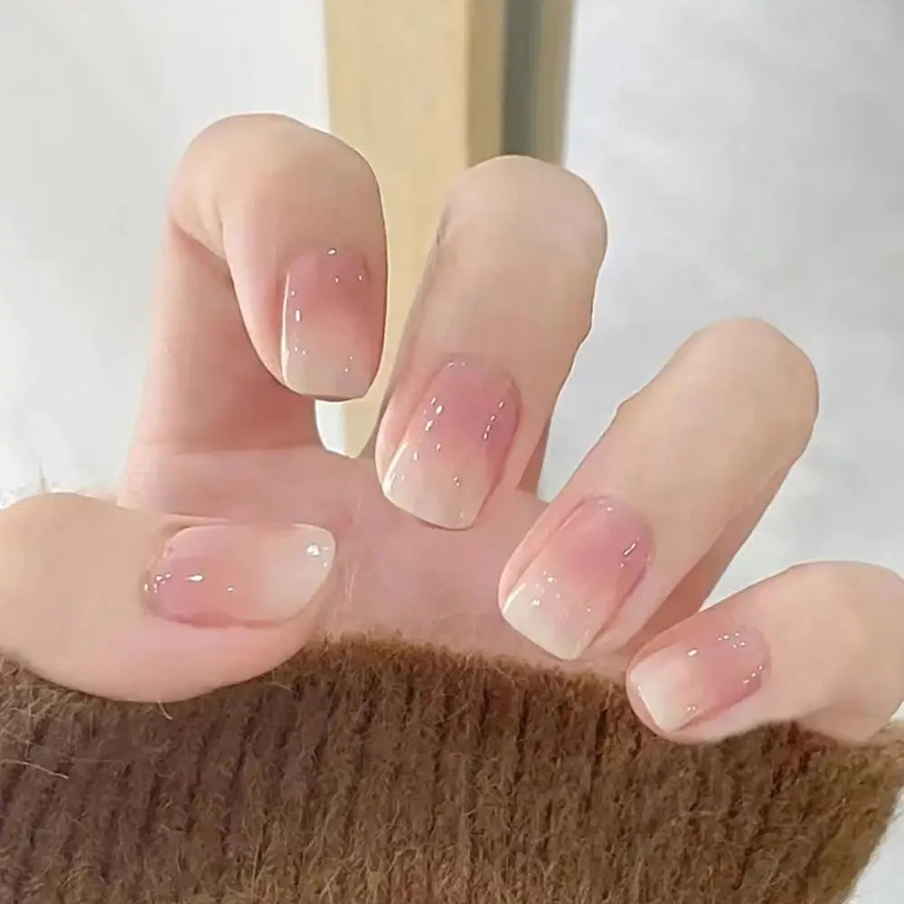 24pcs False Nail Full Cover Fake Nail Elegant Pink Gradient Glitter French Short Nails Coffin Short False Nail Press on Nails