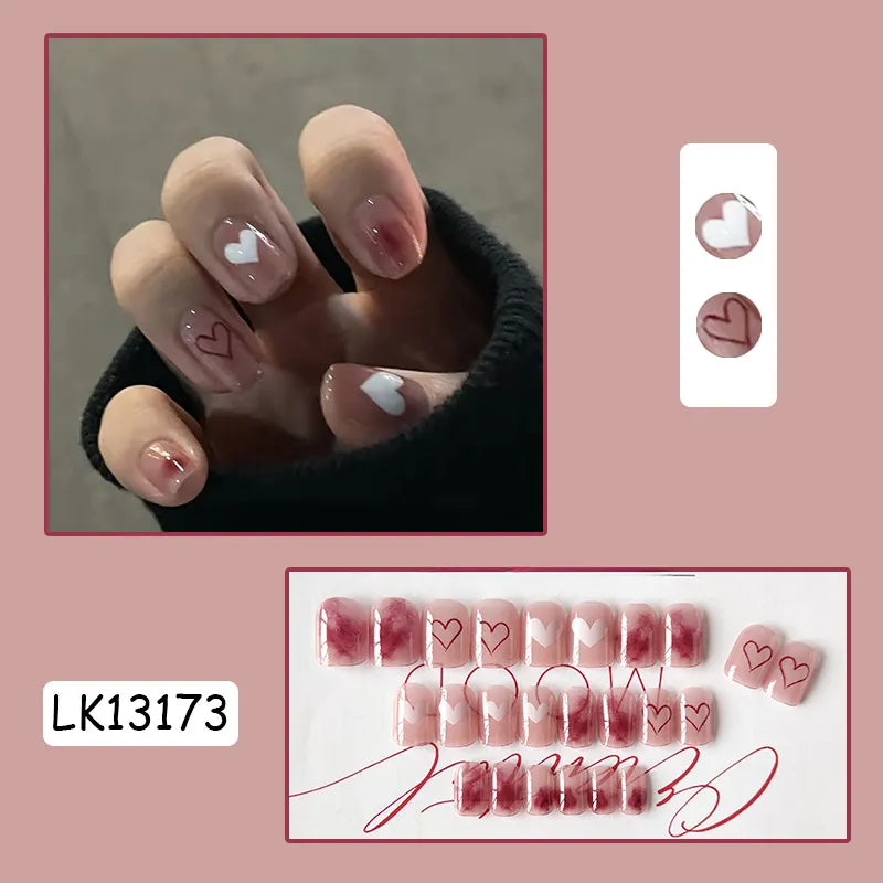 24PcsSet Wearable Press on Nail Art Full Cover Manicure Ballet Cute Nails False Removable Fake Nails With Glue Short Square Head