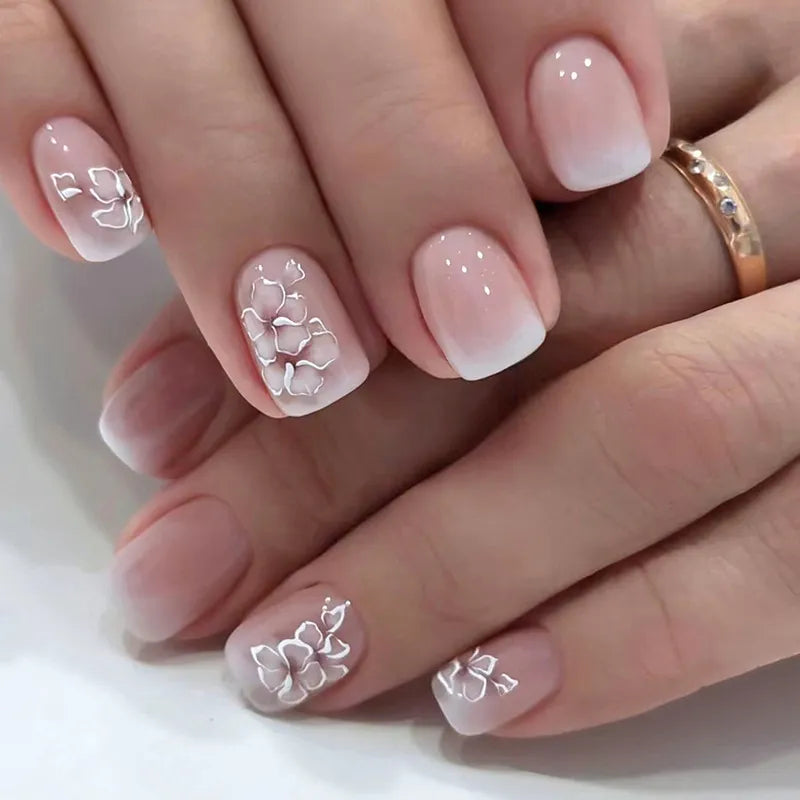 24pcs False Nail Full Cover Fake Nail Elegant Pink Gradient Glitter French Short Nails Coffin Short False Nail Press on Nails