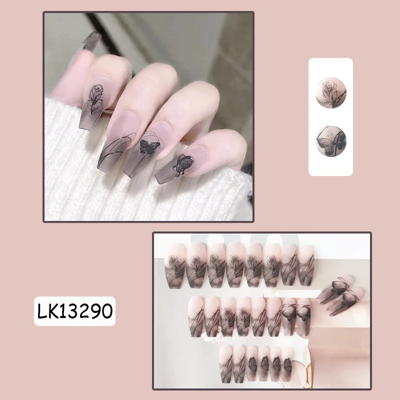 24PcsSet Wearable Press on Nail Art Full Cover Manicure Ballet Cute Nails False Removable Fake Nails With Glue Short Square Head