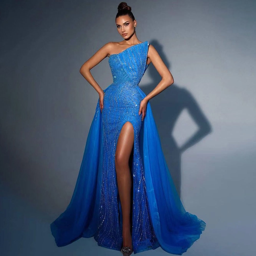 Serene Hill Arabic Blue High Split Luxury Beaded Dubai Evening Dresses for Women Wedding Party 2023 LA71921